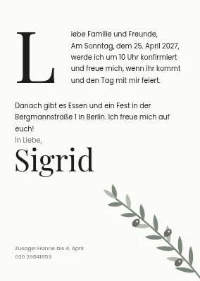 Konfirmation — Einladung im Briefstil mit Initiale