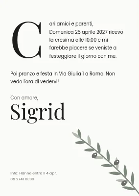 Cresima — invito in stile lettera con capolettera