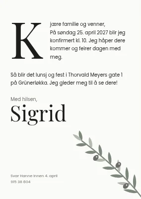 Konfirmasjon — invitasjon i brevstil med initial