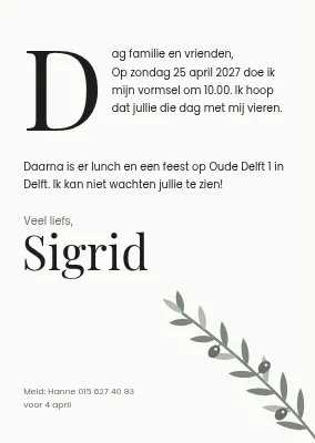 Vormsel — uitnodiging in briefstijl met een versierde beginletter