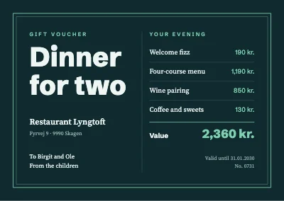 Restaurant gift voucher — dinner for two