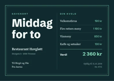 Restaurantgavekort — middag for to