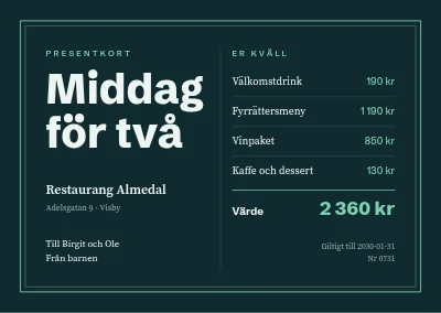 Presentkort på restaurang — middag för två