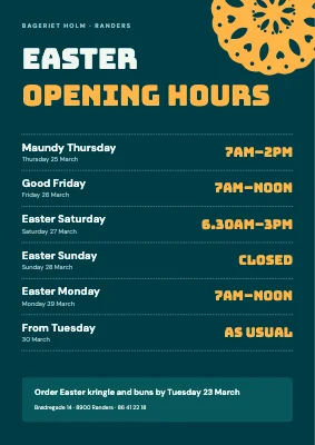 Easter opening hours — bakery