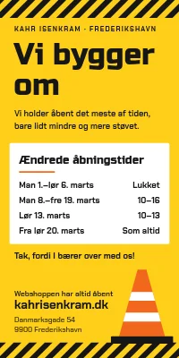 Dørplakat til butik — ændrede åbningstider under ombygning