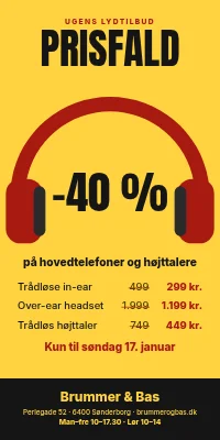 Dørplakat til elektronikbutik — prisfald på hovedtelefoner