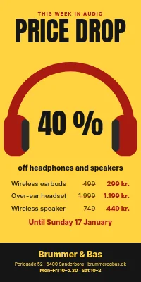 Door poster for an electronics shop — price drop on headphones