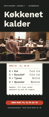Roll-up til restaurant — kokke og tjenere søges