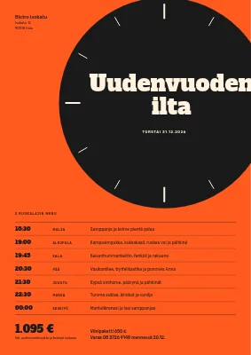 Uudenvuodenaaton menu — kellotaulu ja kellonajat
