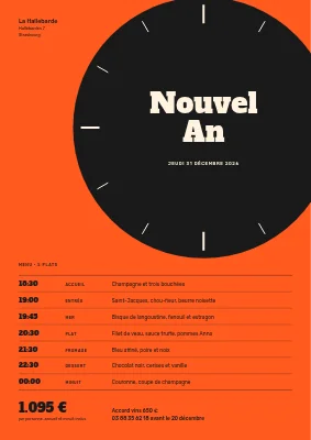 Menu du Nouvel An — cadran d’horloge et horaires