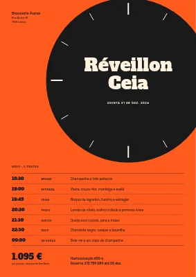 Menu de Passagem de Ano — mostrador de relógio e horários