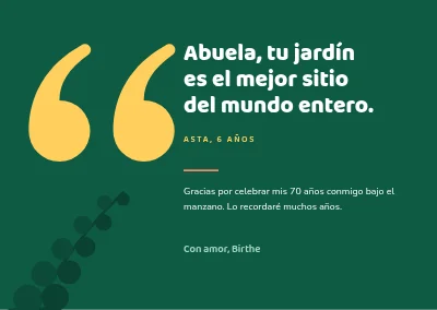 Cumpleaños en el jardín — tarjeta de agradecimiento con una cita