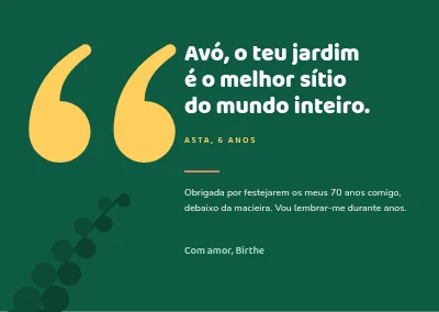 Aniversário no jardim — cartão de agradecimento com citação