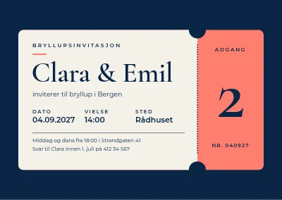 Bryllupsinvitasjon — billett for to