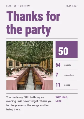 50th birthday — thank-you card with photo and numbers