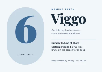 Naming party — big date numeral in a frost-blue capsule