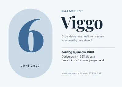 Naamgevingsfeest — groot datumcijfer in een ijsblauwe capsule