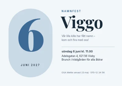 Namngivningsfest — stor datumsiffra i en frostblå kapsel