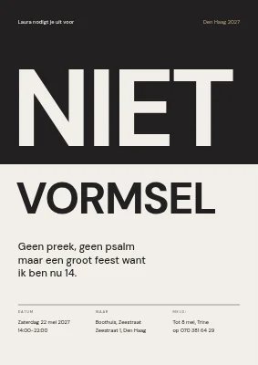 Niet-vormselfeest — gesplitst woord op zwart en steengrijs