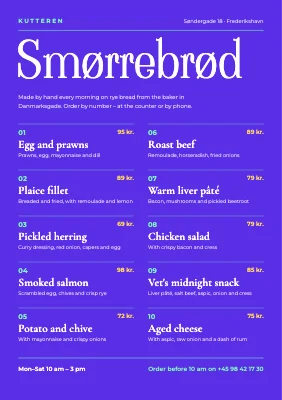 Smørrebrød house — numbered order menu