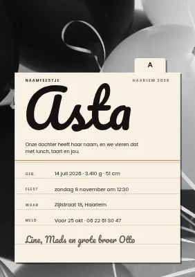 Naamgevingsfeest — indexkaart
