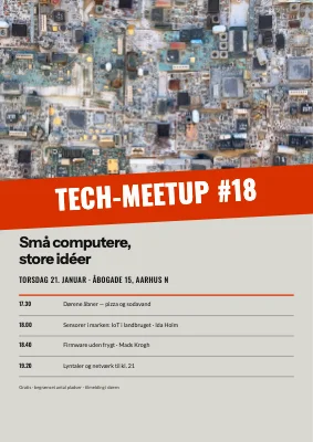 Tech-meetup i Aarhus — signalrødt banner