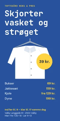 Dørplakat til renseri — skjorter 39 kr.