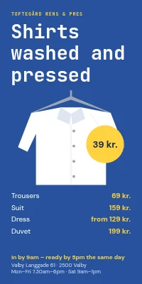 Door poster for a dry cleaner — shirts 39 kr.