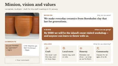 Mission, vision and values