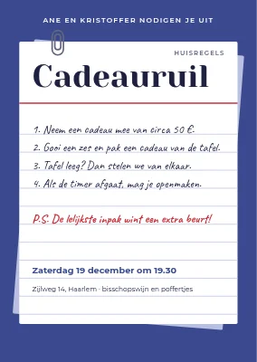Cadeauspel — huisregels op een indexkaart