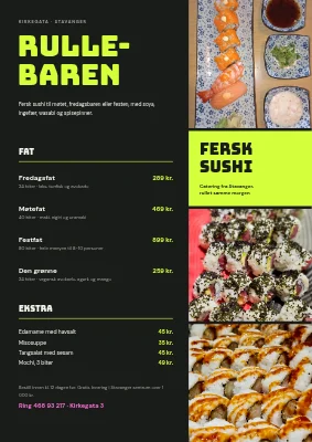 Sushicatering — meny med bildestrimmel