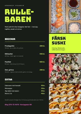 Sushicatering — meny med fotoremsa