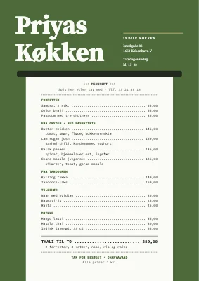 Indisk restaurant — menukort som bon