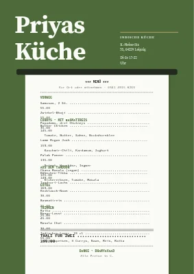 Indisches Restaurant — Bon-Speisekarte