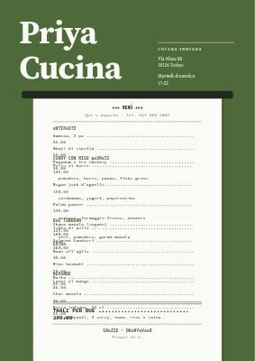 Ristorante indiano — menu a scontrino