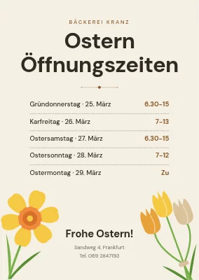Öffnungszeiten an Ostern — Bäckerei mit Narzissen