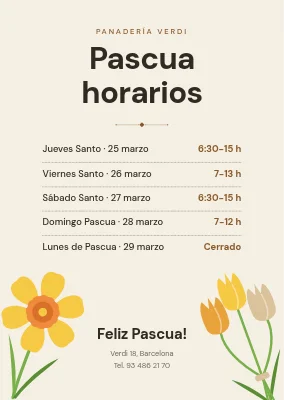 Horario de Pascua — panadería con narcisos