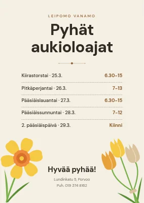 Pääsiäisaukioloajat — leipomo ja narsissit