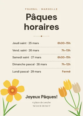 Horaires de Pâques — boulangerie aux jonquilles