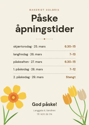 Påskeåpningstider — bakeri med påskeliljer