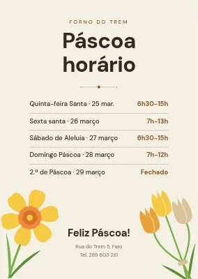 Horário de funcionamento na Páscoa — padaria com narcisos