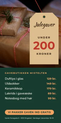 Dørplakat til gavebutik — julegaver under 200 kr.