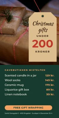 Door poster for a gift shop — Christmas gifts under 200 kr.