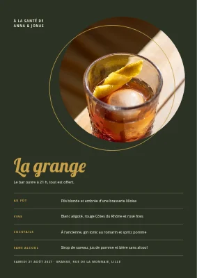 Carte des boissons pour mariage en grange