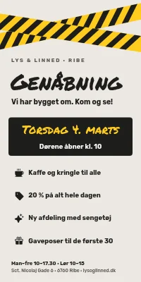 Dørplakat til butik — genåbning efter ombygning