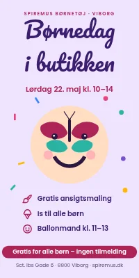 Dørplakat til butik — børnedag med ansigtsmaling og is