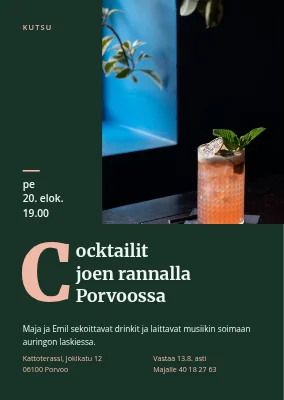 Cocktailjuhlat — koristeellinen alkukirjain ja persikkacocktail