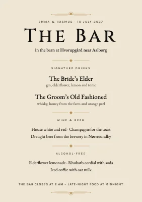 Drinks menu — the bar in the barn