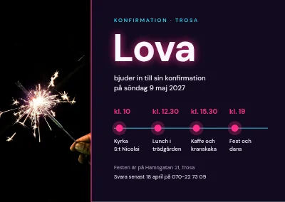 Konfirmation — neonfärgad tidslinje för dagen