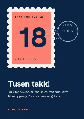 18-årsdag — takkekort som frimerke